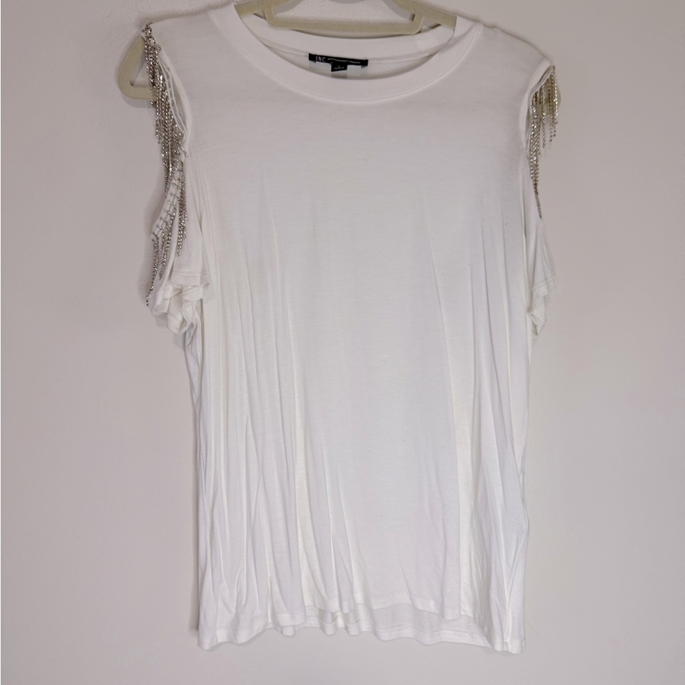 INC International Concepts White Embellished Shoulder Tee in size Large